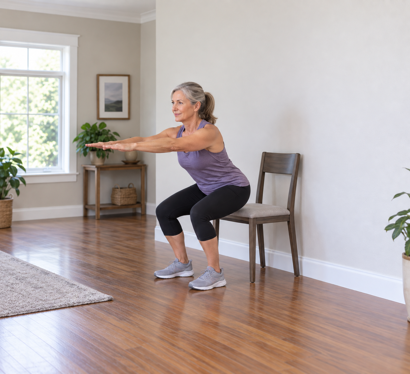 Older woman doing chair squat exercise in living room.