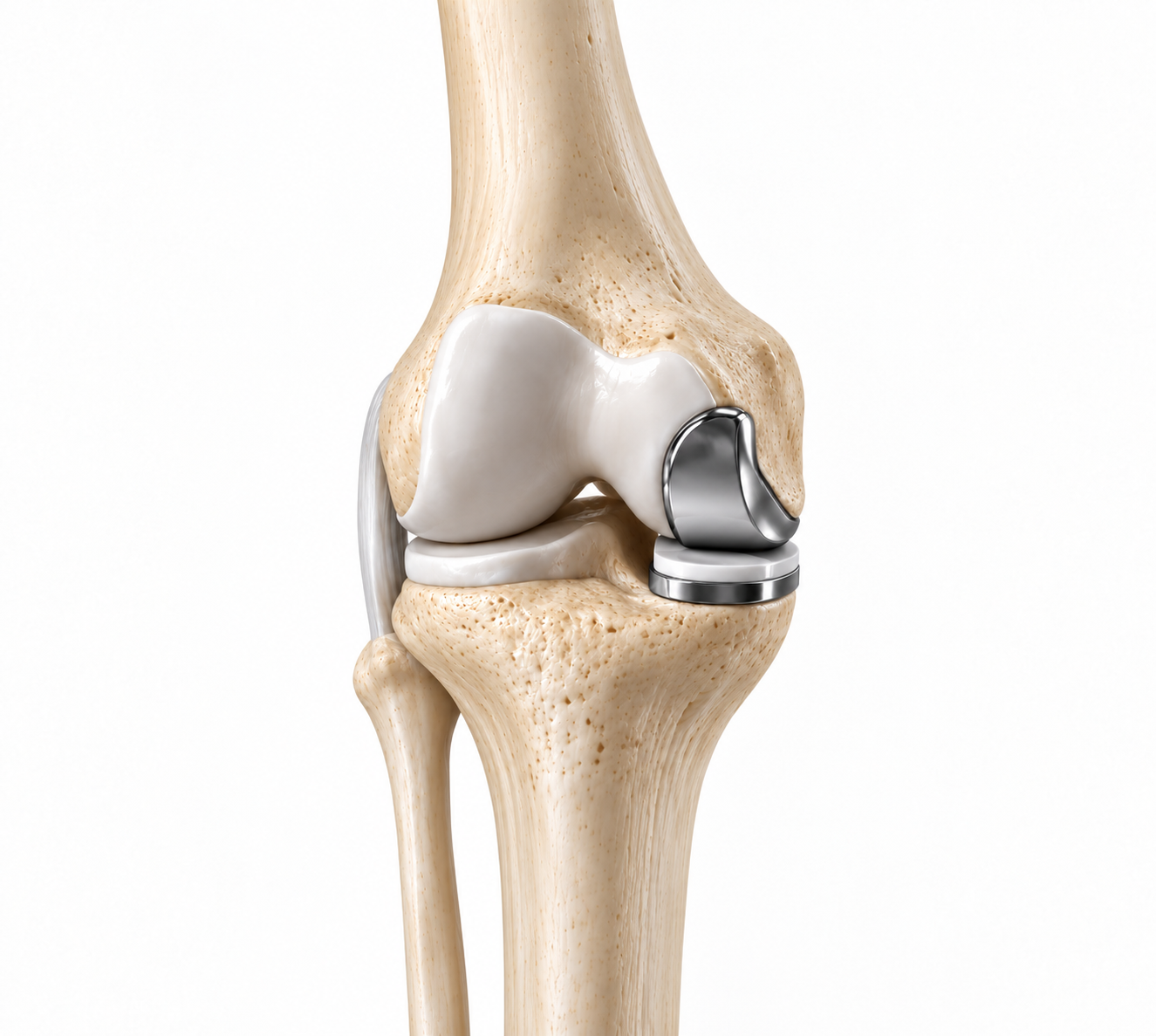 Medical illustration of a human knee joint with a prosthetic knee replacement implant, showing bones, cartilage, and metal components.