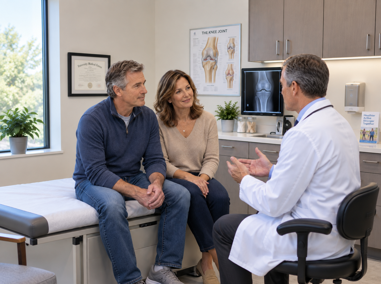 Medical consultation with a doctor speaking to a middle-aged couple in a clinic room, which features a knee joint diagram, X-ray image, and medical certificates on the wall.