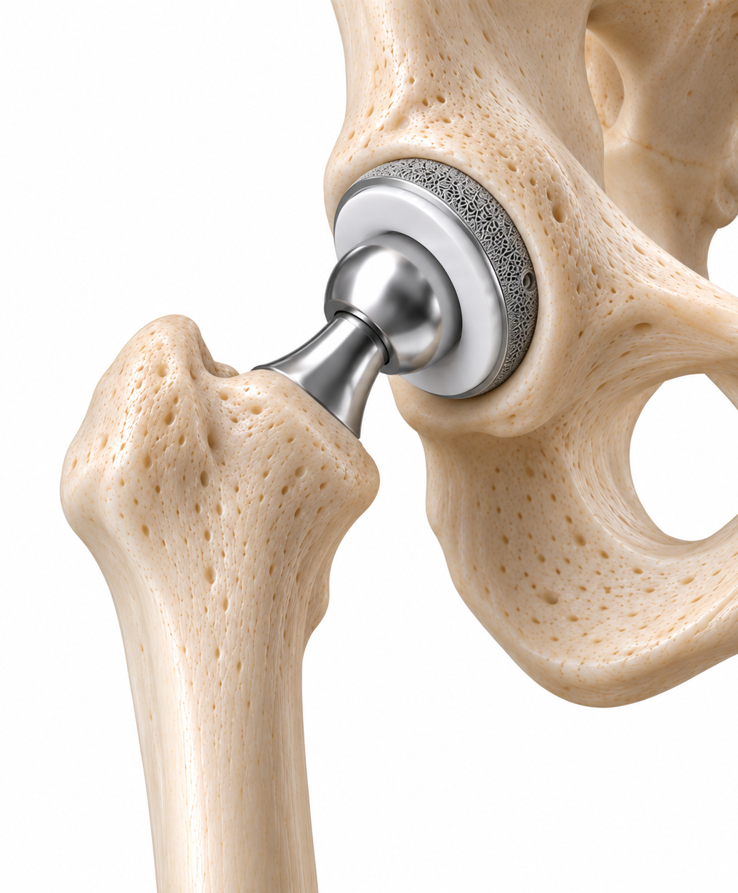 Close-up of a hip joint with a metal prosthetic hip implant replacing the ball and socket joint.