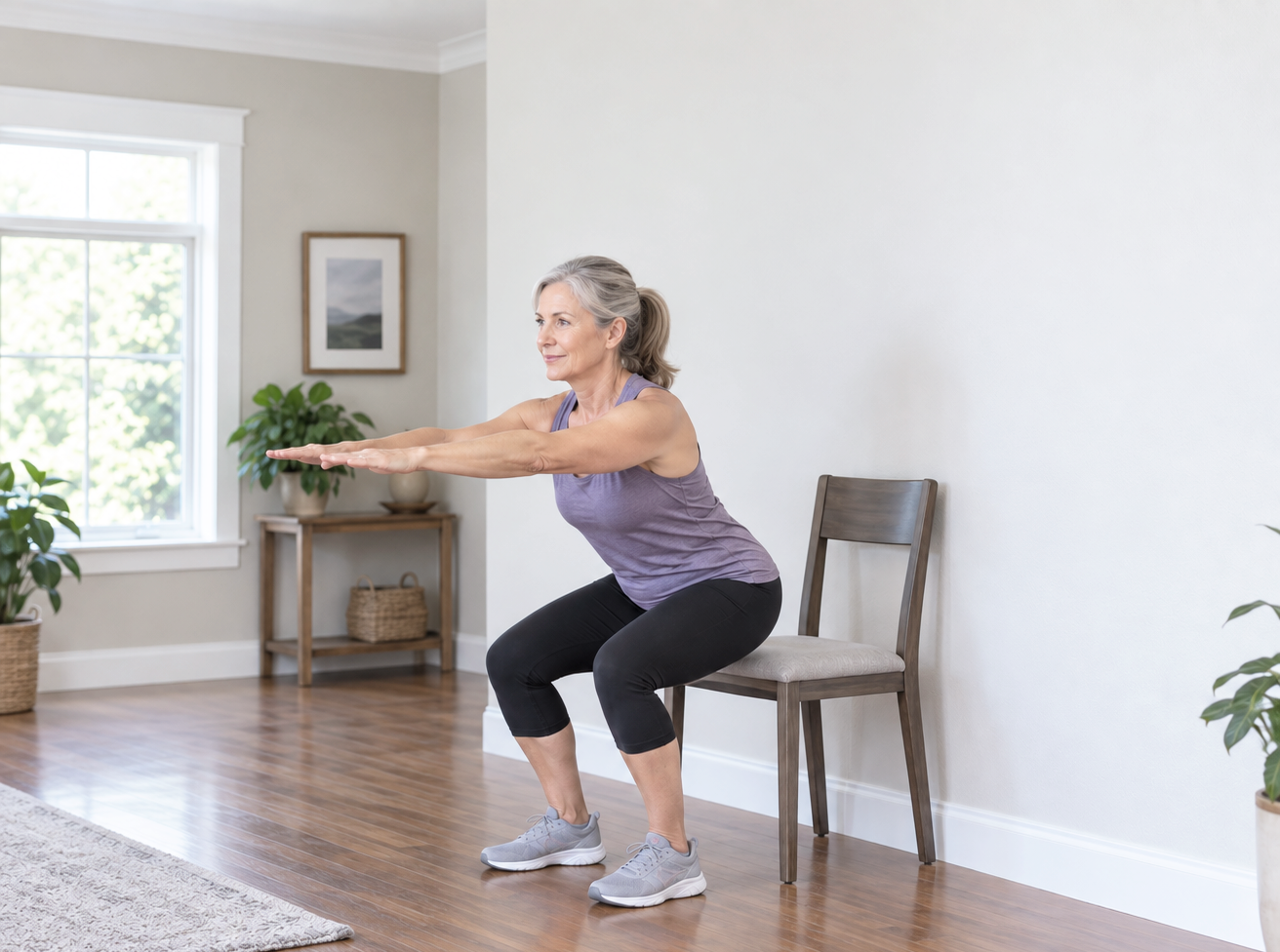 Older woman doing chair squat exercise in living room with plants and window