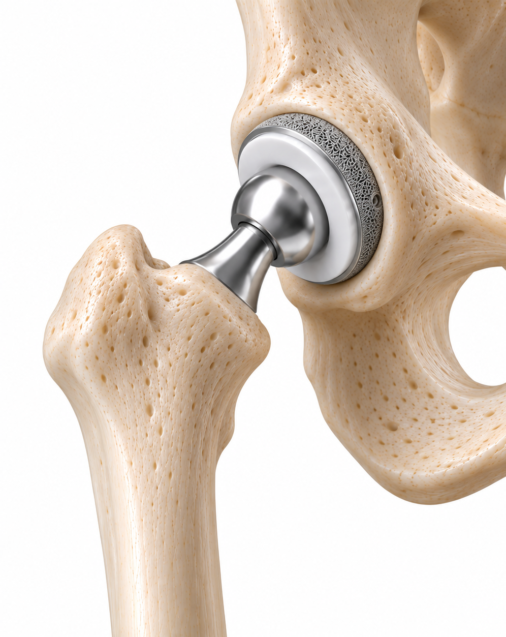 Close-up of a hip joint with a metallic hip replacement implant showing the metal ball and socket in human pelvis bones.