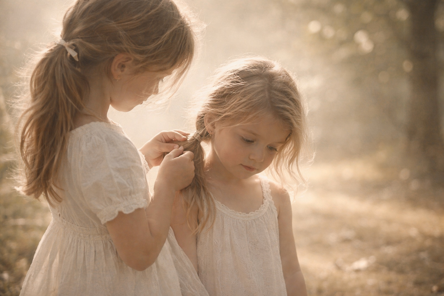 Two young girls with long blonde hair, wearing white dresses, sharing a tender moment outdoors during golden hour.