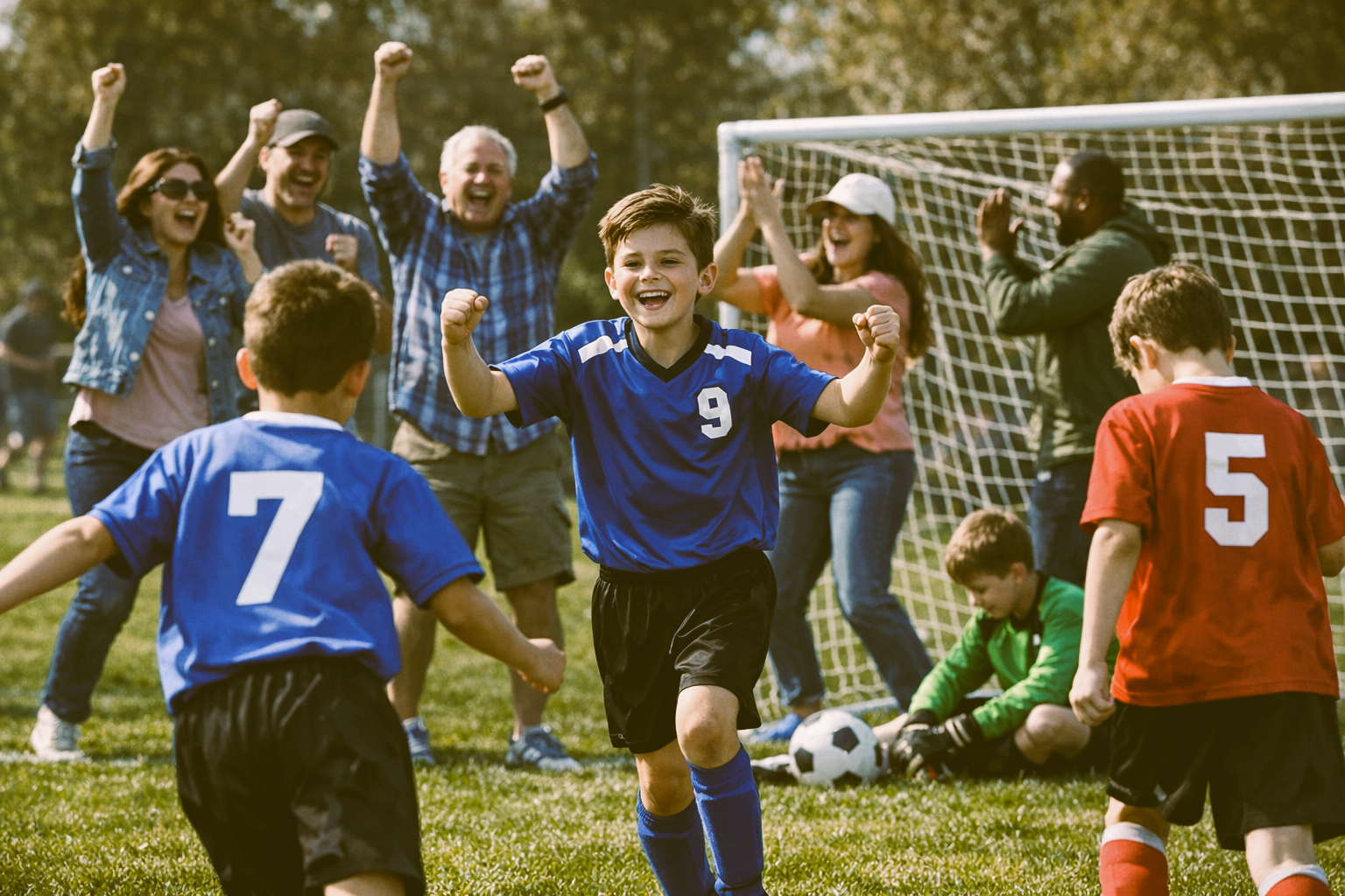 Young boy in a blue soccer jersey celebrating a goal on soccer field, with team members and spectators cheering in the background.