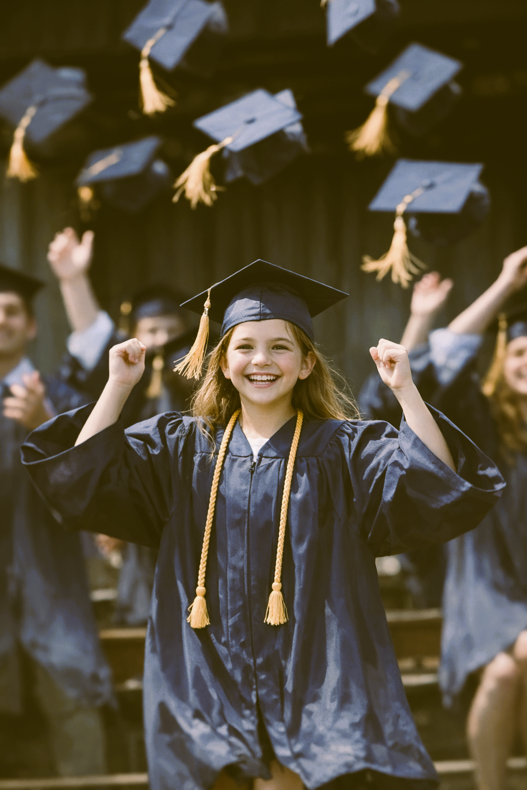 Happy girl in graduation cap and gown with diploma cord celebrating graduation, with other graduates in the background, some throwing their caps in the air.