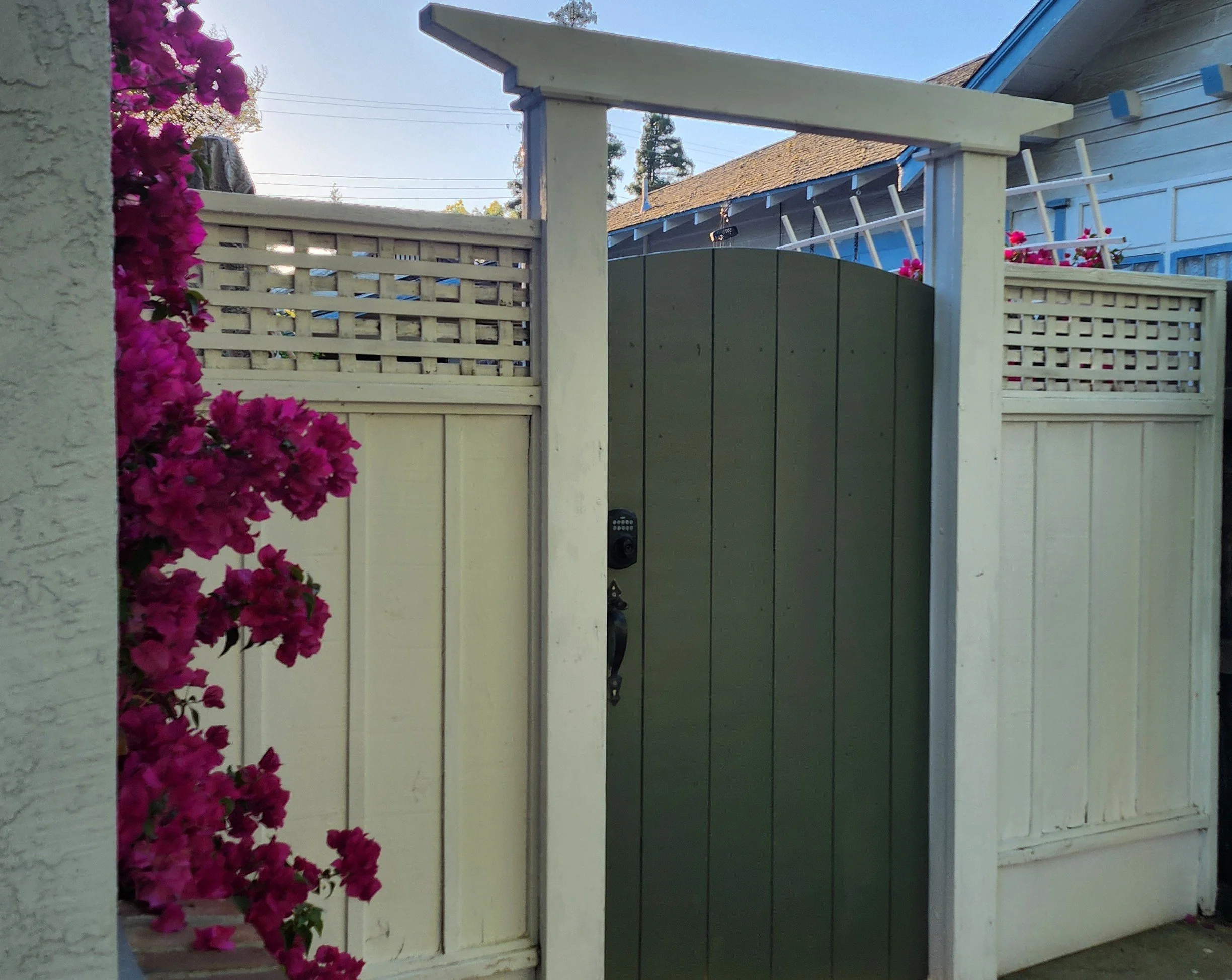 A wooden backyard gate with a lattice design on the sides and a solid green top section, attached to a white painted fence. Pink bougainvillea flowers grow along the left side, and a house with chipped blue paint, a shingled roof, and a ladder leaning against the side is visible in the background under a clear sky.