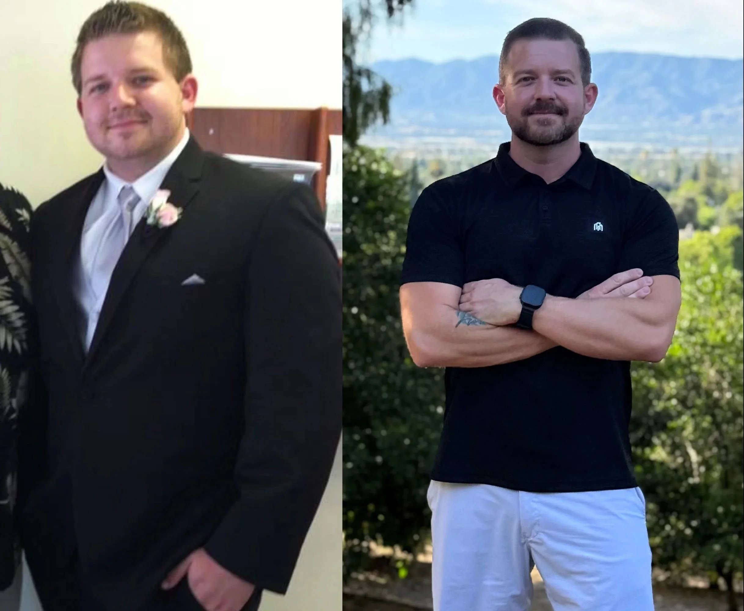 Side-by-side comparison of two men. The man on the left is dressed in a tuxedo with a boutonniere, suggesting he is attending a formal event. The man on the right is dressed casually in a black polo shirt, white pants, and a smartwatch, outdoors with a scenic mountain background.