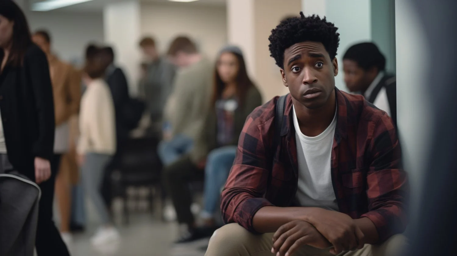 A young man with curly black hair, wearing a red and black plaid shirt and white t-shirt, sitting and looking surprised or confused in a crowded waiting area.