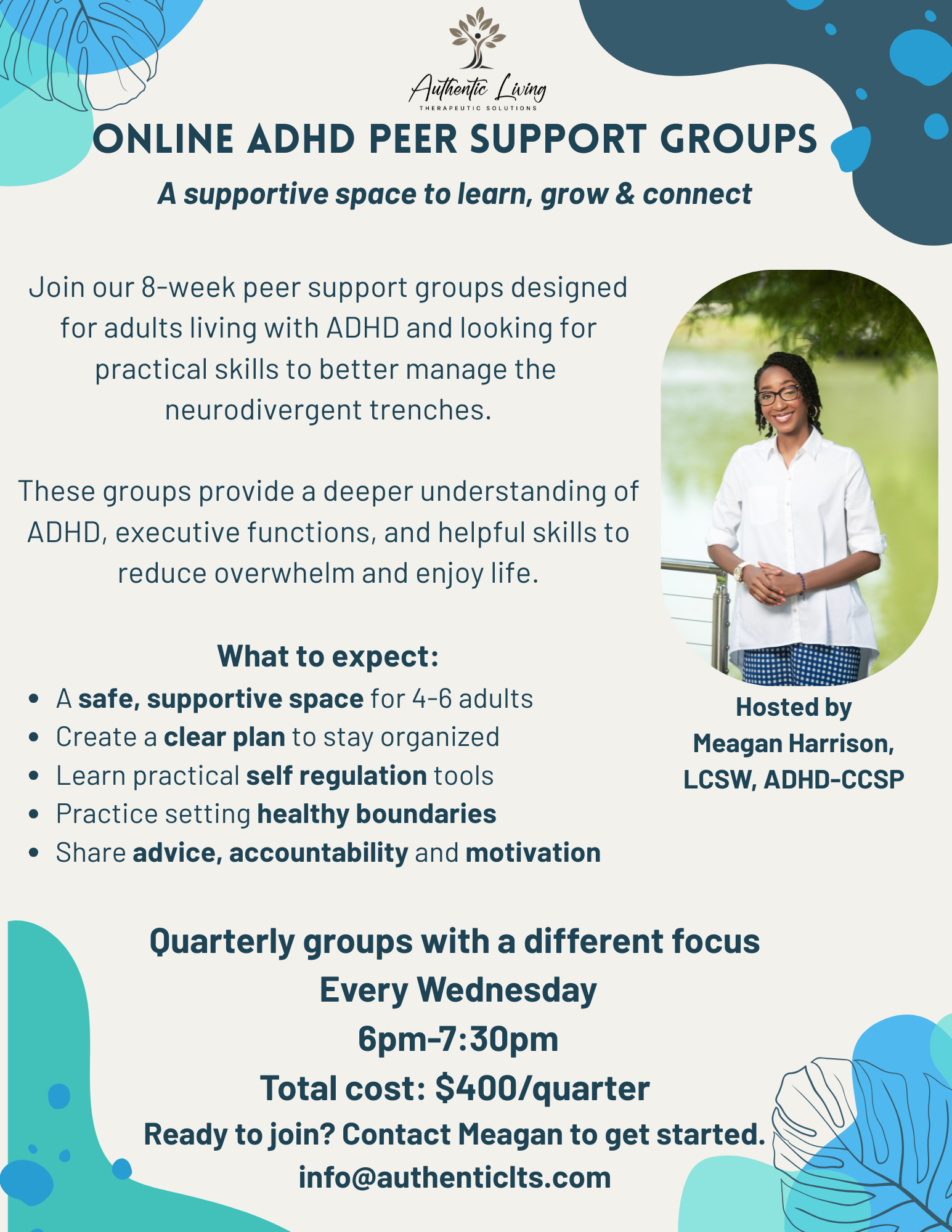 Flyer for online ADHD peer support groups hosted by Authentic Living Therapeutic Solutions, with a photo of a smiling woman wearing glasses and a white shirt in a green outdoor setting.