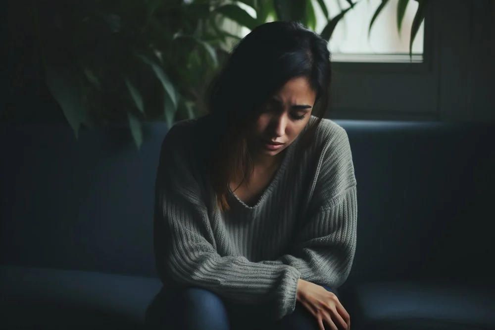 A woman sitting on a dark couch with a window and green plants in the background, looking down with a sad or contemplative expression.