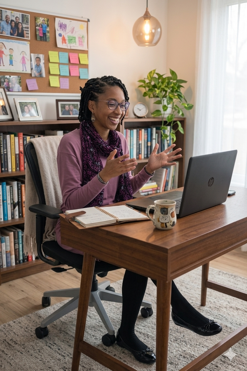 A woman sitting at a wooden desk in front of a laptop, smiling and gesturing while on video call. The desk has a notebook and a coffee mug. Behind her is a bookshelf, potted plant, and a corkboard with photos and colorful notes.