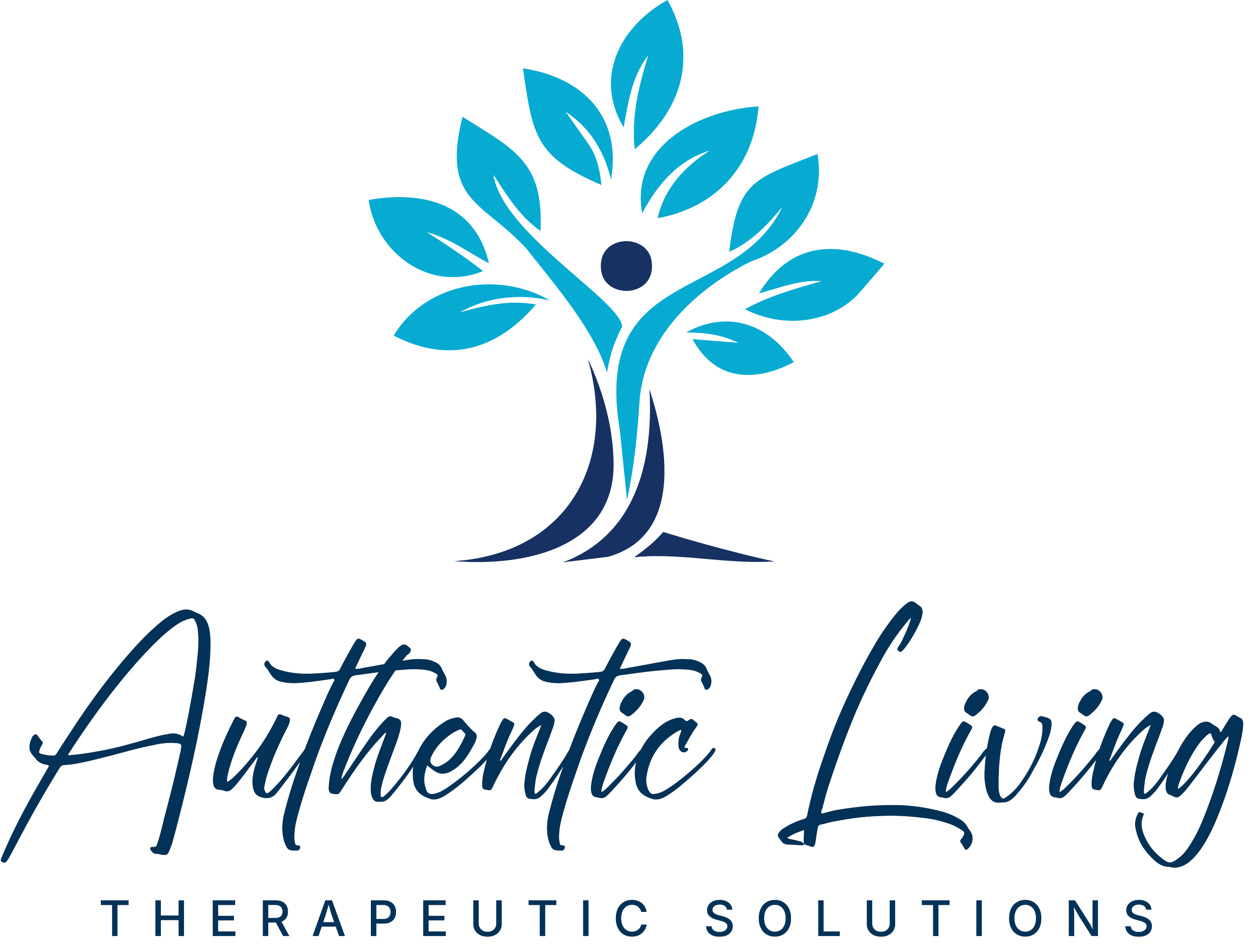 Logo of Authentic Living featuring a stylized person with outstretched arms surrounded by blue leaves, with the words "Authentic Living" and the tagline "The Therapeutic Solutions" underneath.