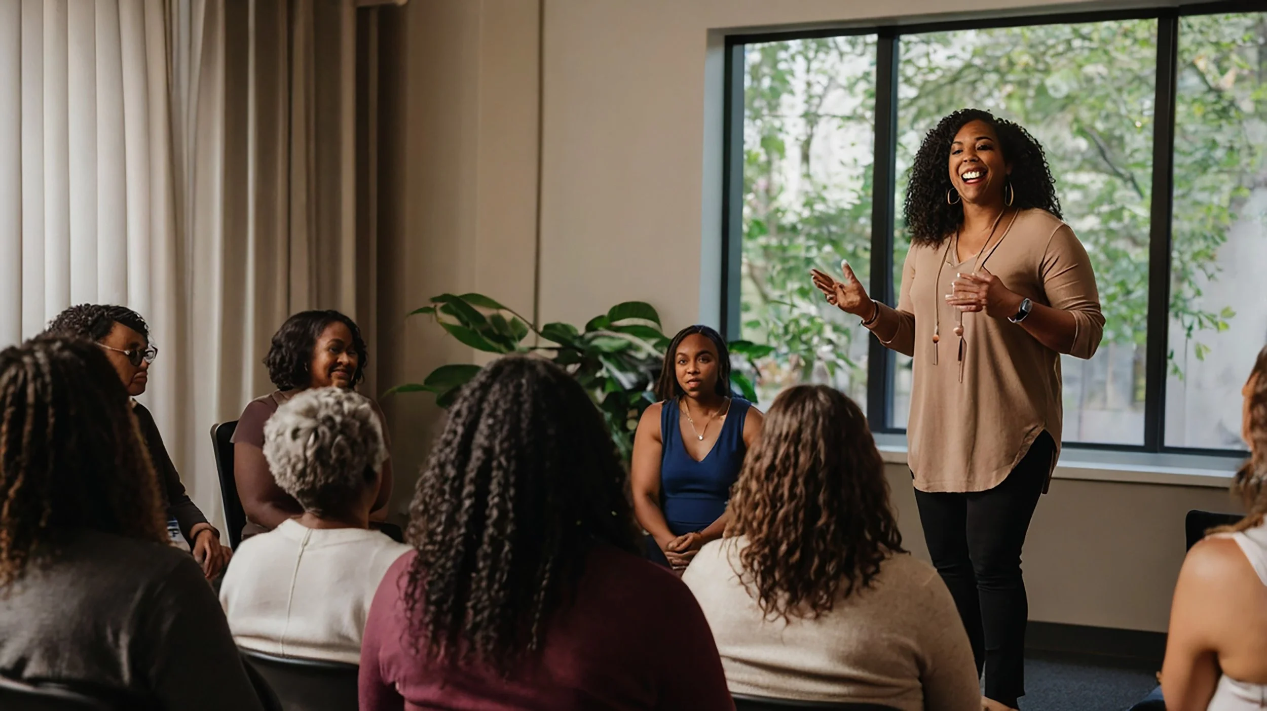 A woman giving a presentation to a diverse group of women seated around a table in a conference room with large windows and greenery outside.
