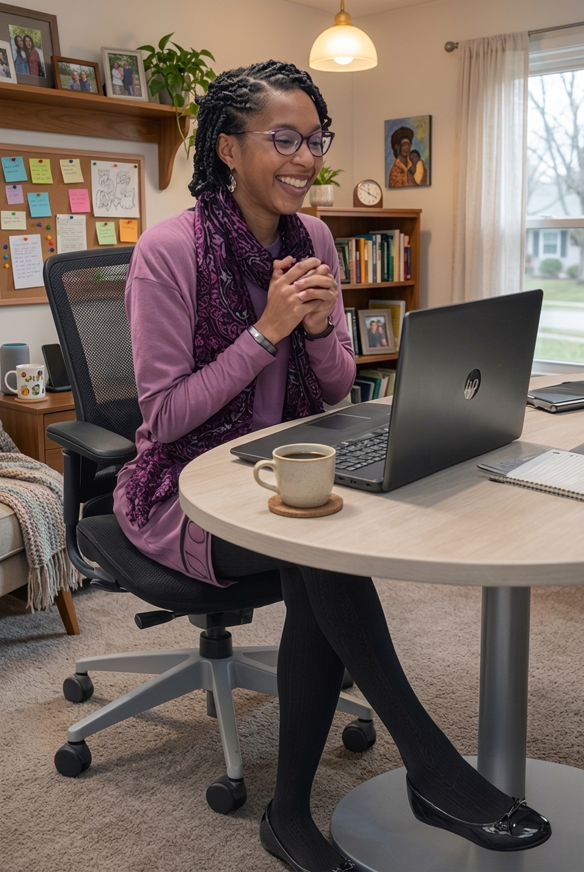 A woman with glasses and braids smiling at her laptop in a home office, with a coffee mug on the table and a bookshelf in the background.
