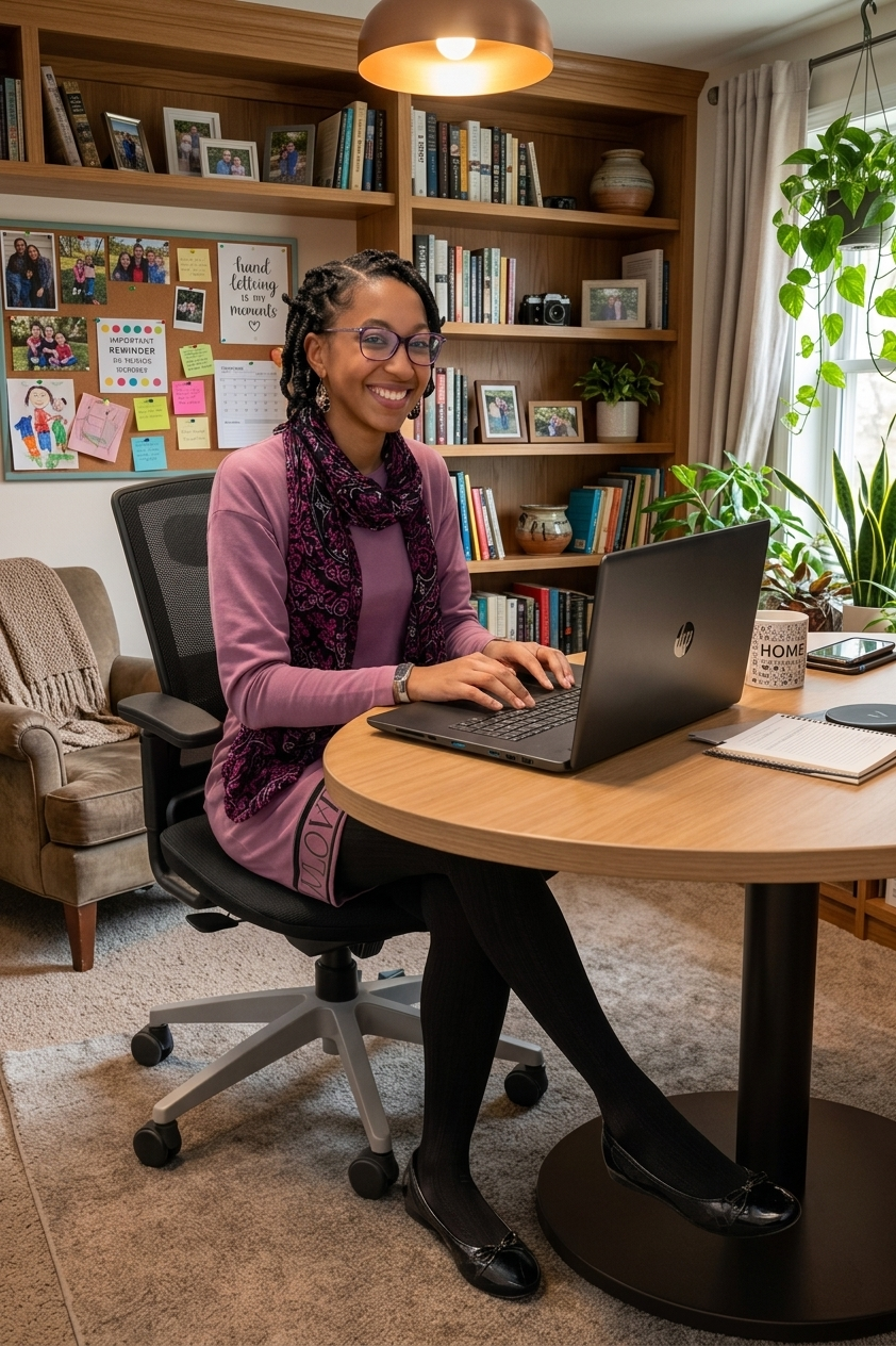 A woman with glasses and braided hair smiling while working on a laptop at a round wooden desk in a home office. The background features a bookshelf filled with books, framed photos, and decorative items, a corkboard with photos and notes, and a window with potted plants nearby.