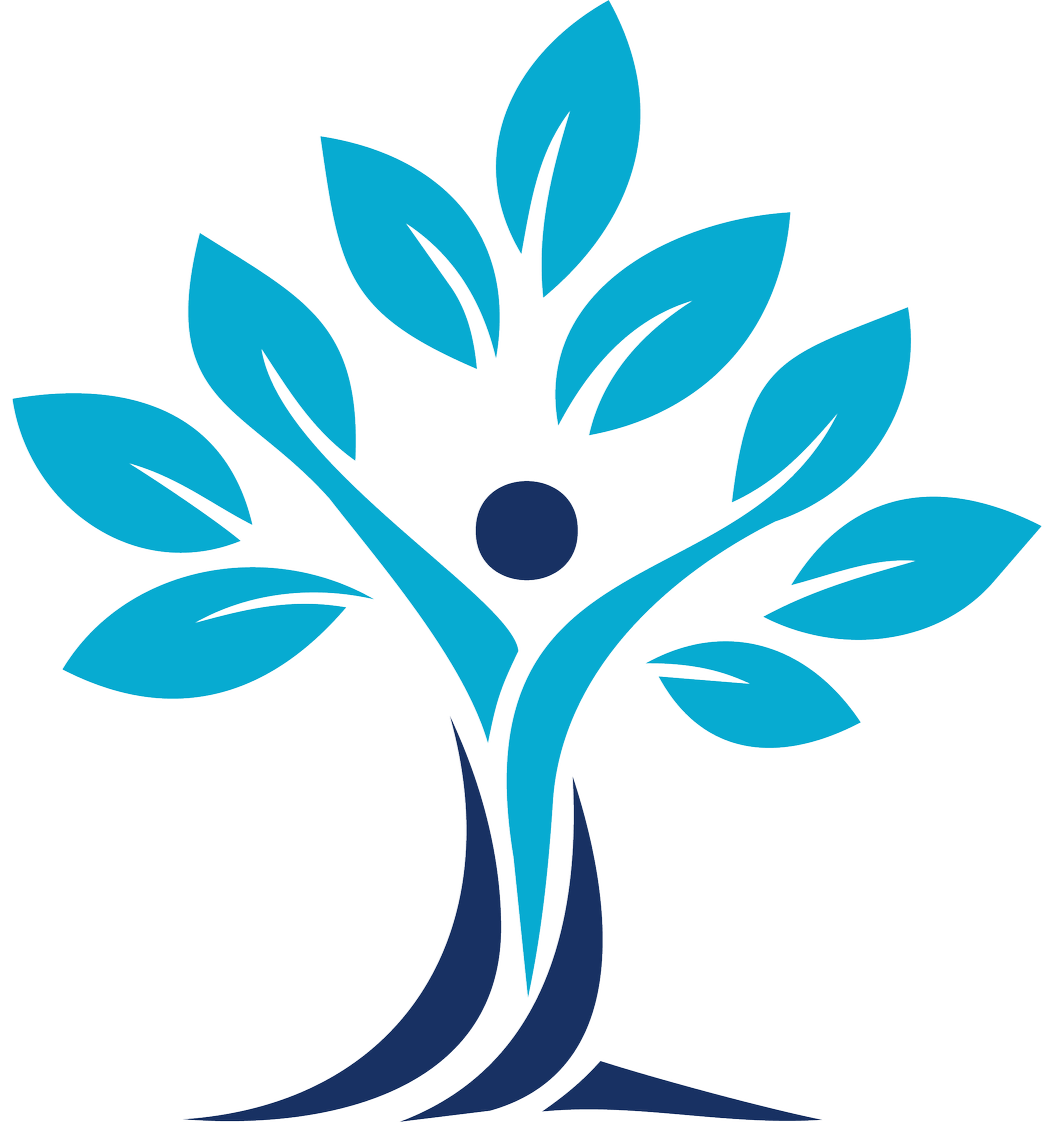 A stylized blue and dark blue tree with multiple leaves and a circular element in the center.
