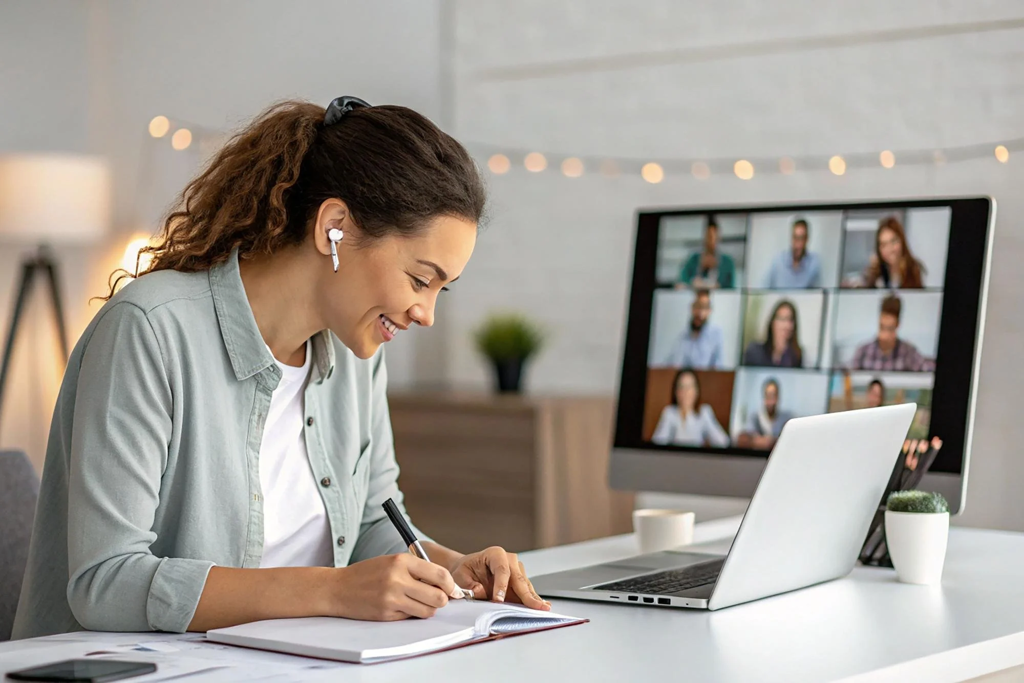 A woman with curly hair, wearing a gray shirt, is smiling and taking notes while sitting at a desk with a laptop. In the background, a computer monitor displays a virtual meeting with multiple participants.