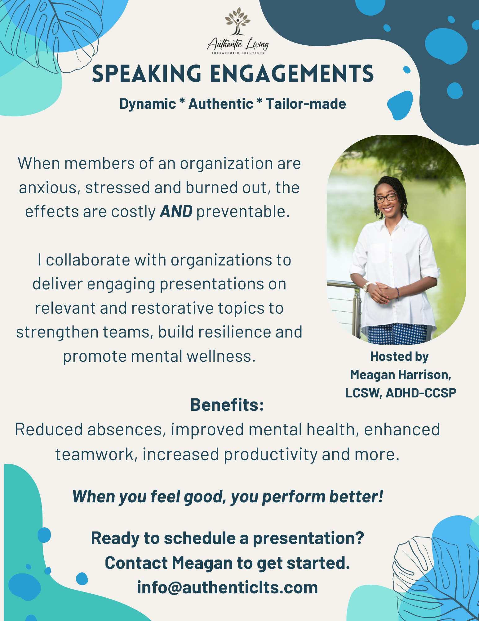 A promotional flyer with a white background and blue abstract shapes. It features a logo at the top, and a photograph of a smiling woman wearing glasses and a white shirt, standing outdoors near water and greenery. The flyer promotes speaking engagements and includes contact information at the bottom.
