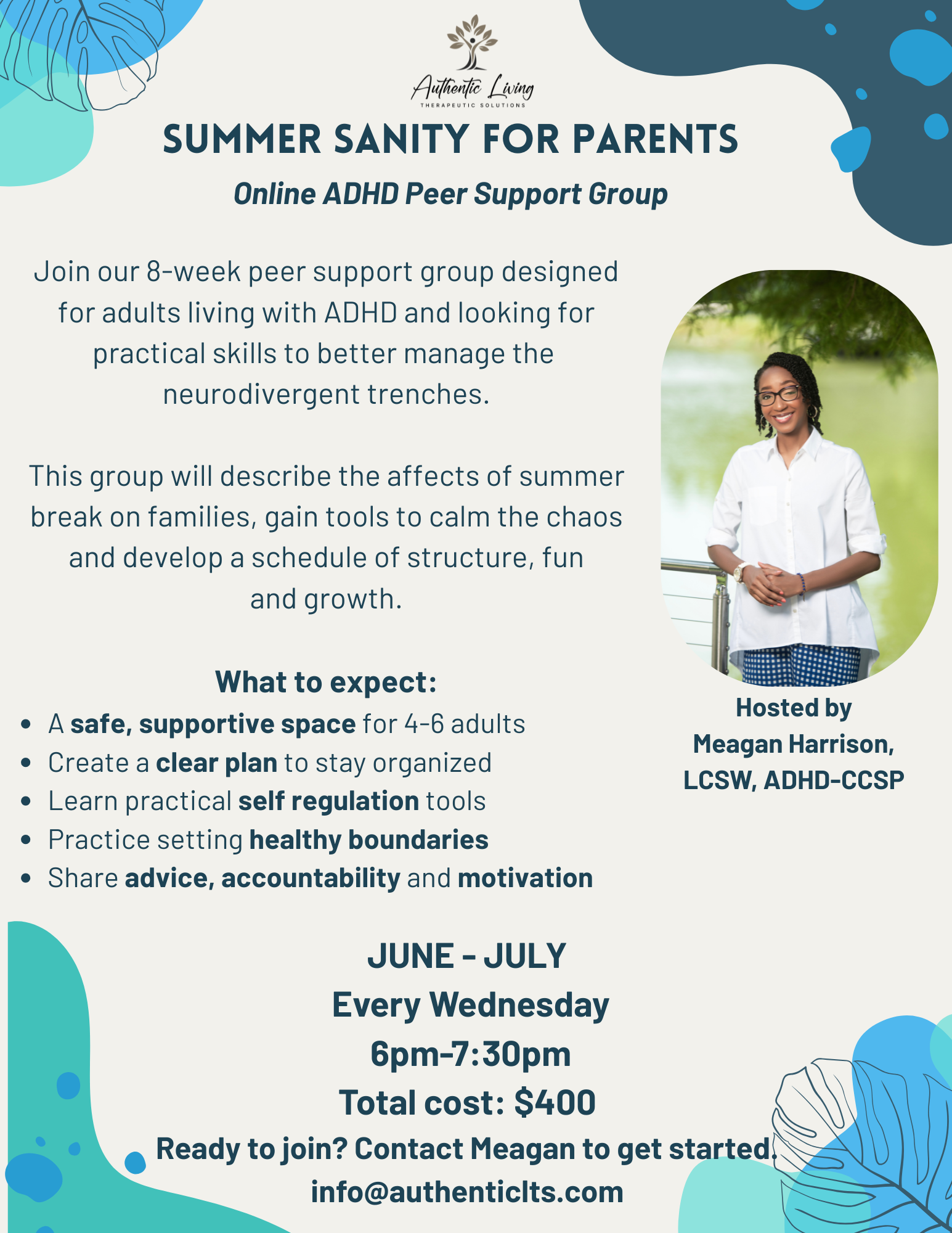 Flyer for a summer sanity support group for parents, hosted by Authentic Living Therapeutic Solutions, with a photo of a smiling woman with glasses and braided hair outside in a natural setting, surrounded by abstract blue and teal shapes and leaf illustrations.
