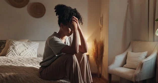 A woman sitting on a bed with her head bowed and hands on her forehead, appearing distressed in a cozy bedroom with warm lighting, a lamp, and a white armchair.