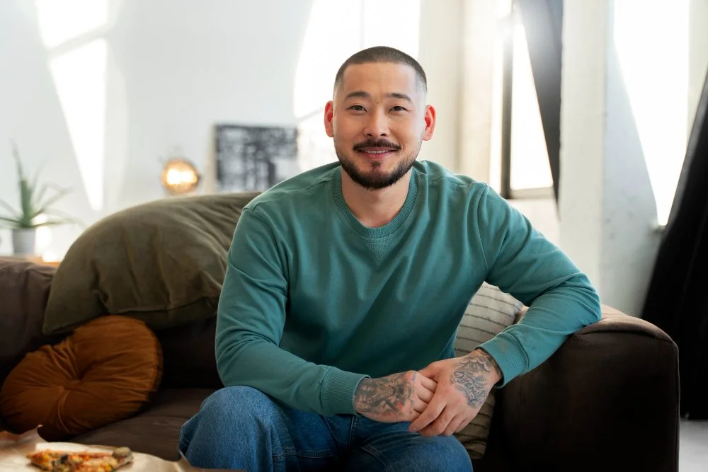 A man with short dark hair, beard, and tattoos on his hands, wearing a teal long-sleeve shirt, sitting on a couch in a bright room with large windows.