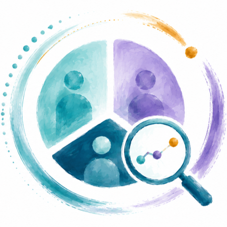Abstrakte Aquarell-Illustration eines Kreisdiagramms mit drei Segmenten, die jeweils eine menschliche Silhouette enthalten, sowie einer Lupe, die ein Netzwerkdiagramm mit verbundenen Knoten zeigt.