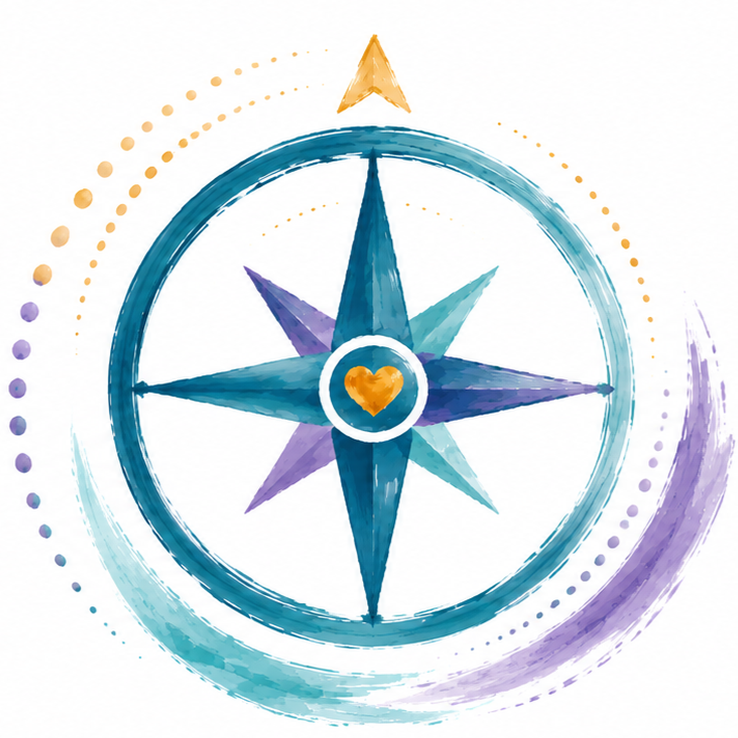 Aquarell-Kompassrose mit einem goldenen Pfeil am Nordpunkt, in Lila, Blau und Türkis gehalten, mit einem Herz im Zentrum, umgeben von gepunkteten Kreisen und Pinselstrichen.