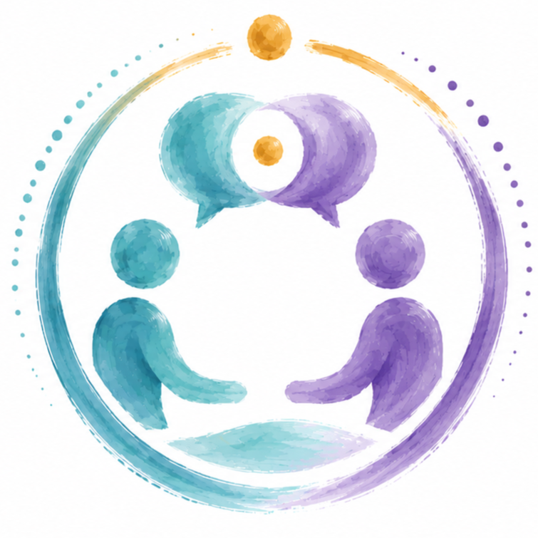 Aquarell-Icon von zwei Personen im Gespräch mit Sprechblasen, umgeben von einer kreisförmigen gepunkteten Linie und kleinen Kugeln, symbolisiert Kommunikation oder Dialog.
