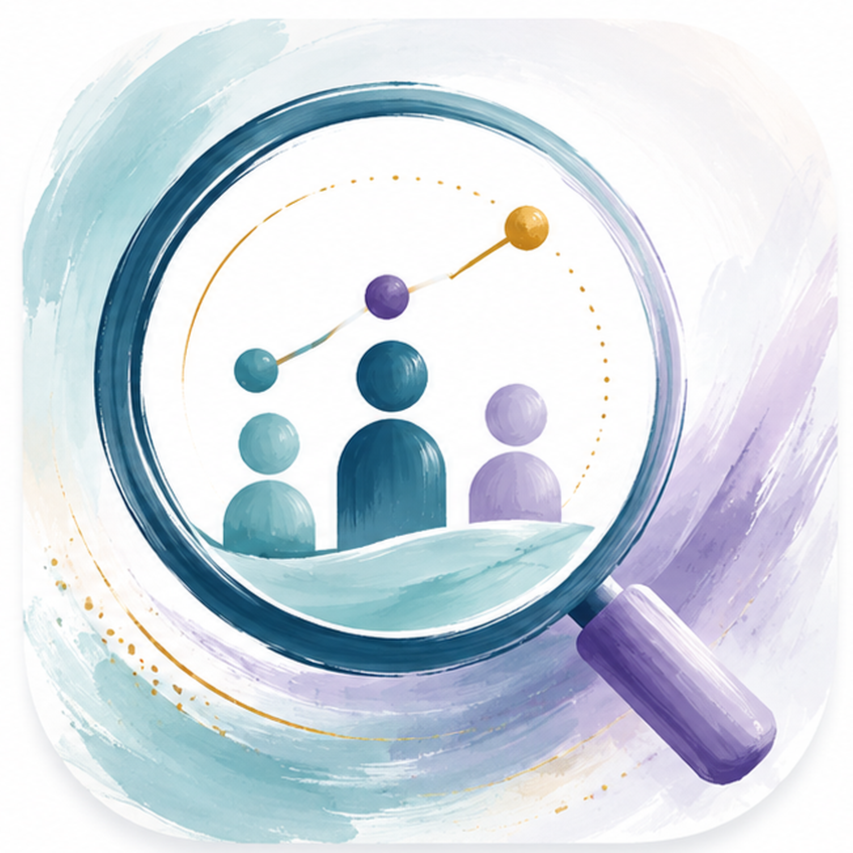 Illustration einer Lupe, die auf eine Gruppe von vier stilisierten menschlichen Figuren in unterschiedlichen Größen und Farben fokussiert, mit einem Liniendiagramm darüber, das einen steigenden Trend zeigt.