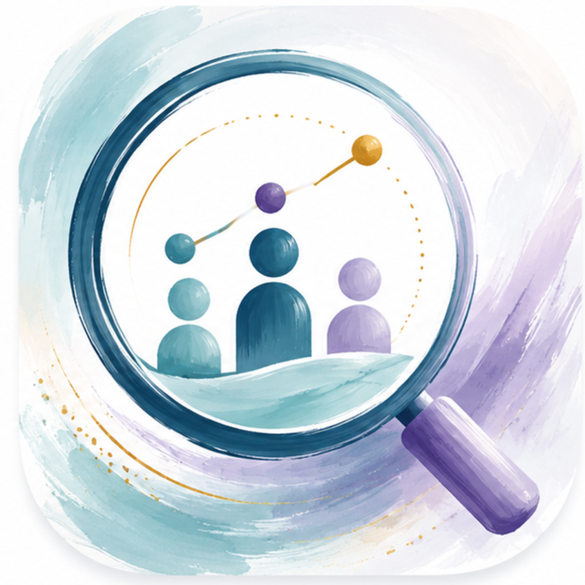 Illustration einer Lupe, die sich auf menschliche Figuren und ein Liniendiagramm fokussiert und Analyse oder Datenauswertung symbolisiert.