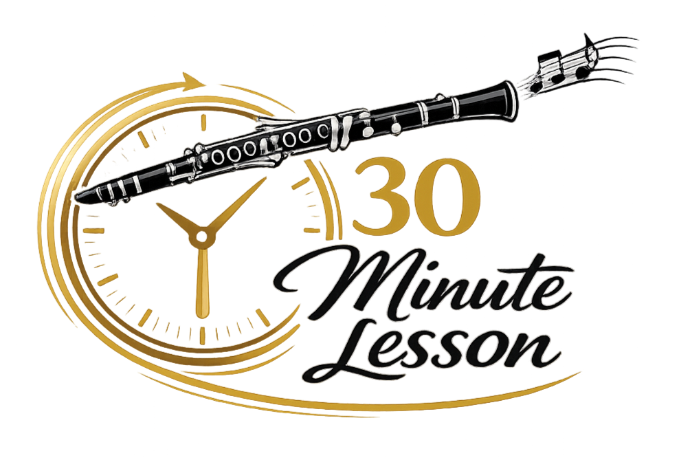 A graphic depicting a 30-minute music lesson, featuring a clock, a clarinet, and the words '30 Minute Lesson' in stylized text.