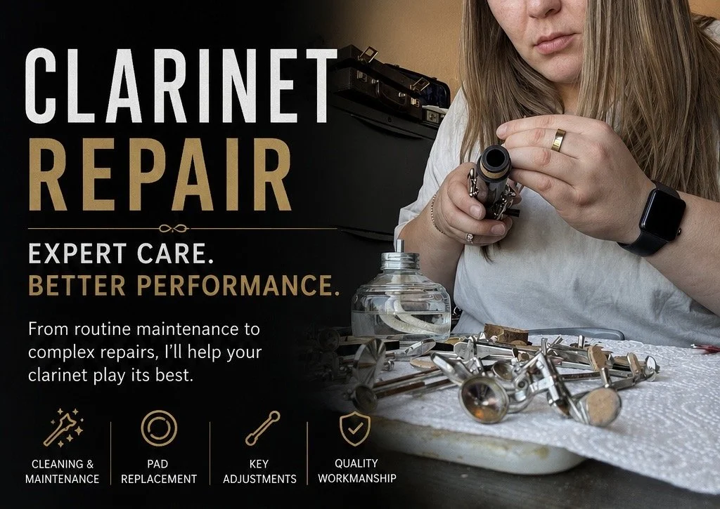 A woman with blonde hair, wearing a watch and a ring, inspects a clarinet in a workshop. The table in front of her holds multiple clarinet parts, a glass oil bottle, and repair tools. The background features a cabinet with instrument repair equipment. The image promotes clarinet repair services, emphasizing expert care, better performance, cleaning, pad replacement, key adjustments, and quality workmanship.