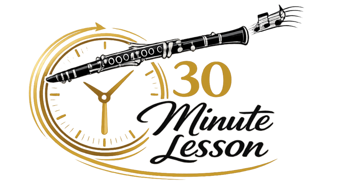 A graphic featuring a clock, a flute, a number 30, and the text "30 Minute Lesson," with a black background.