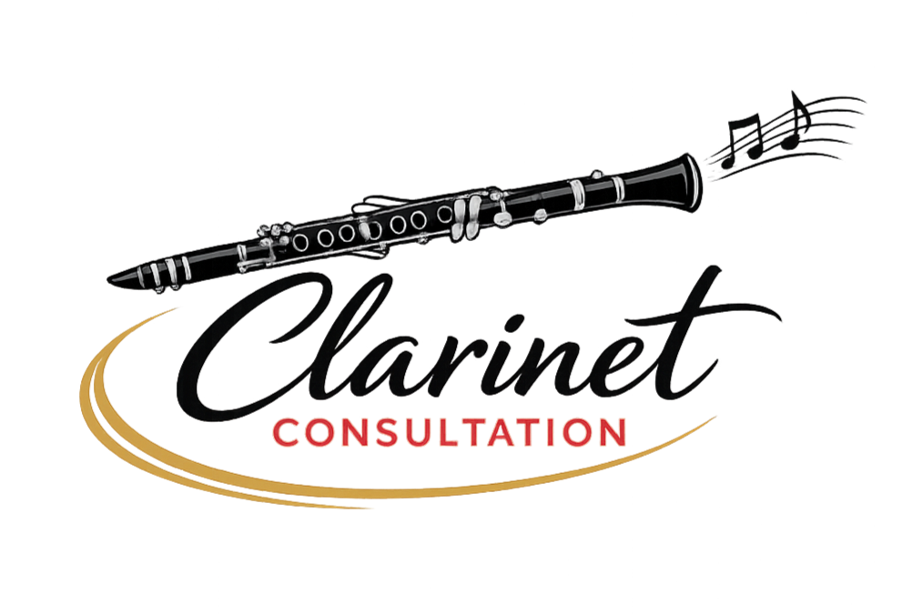 Logo with a black clarinet and the words "Clarinet Consultation" in black and red text.