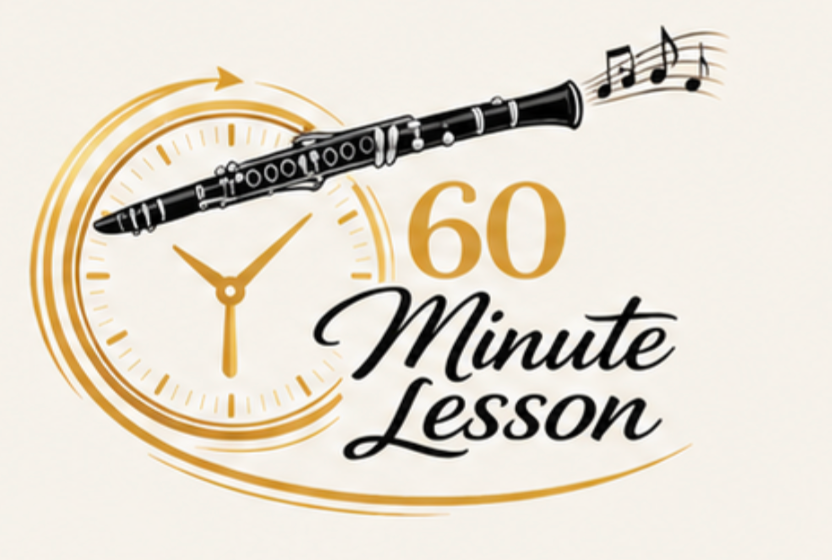A logo for a 60-minute music lesson, featuring a clock with a musical staff and notes integrated into the design.