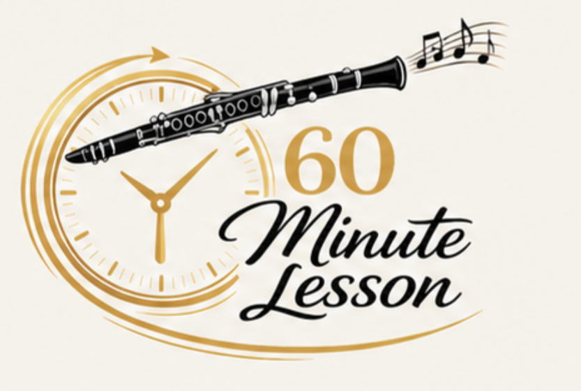 Graphic of a clock with a flute and musical notes, text reads '60 Minute Lesson'.