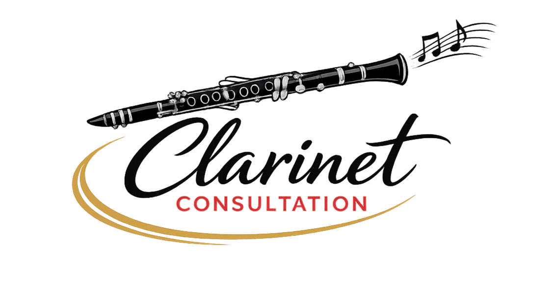 Logo for Clarinet Consultation with a clarinet above the text.