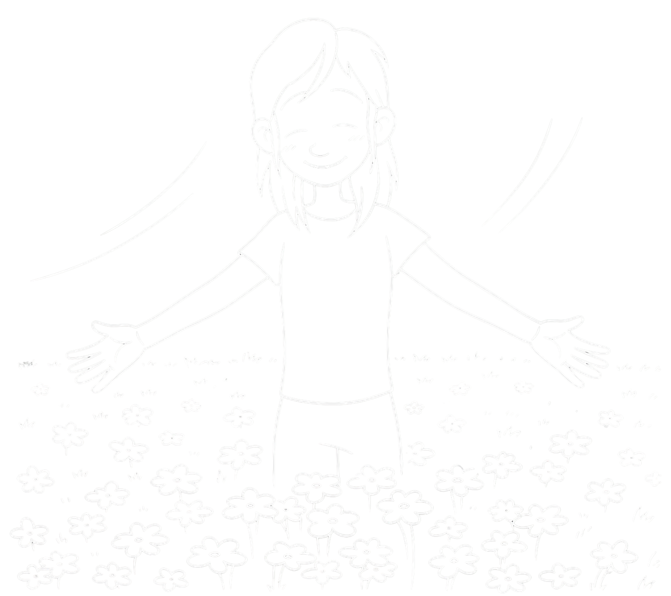 Line drawing of a smiling girl standing in a field of flowers with arms outstretched, on a black background.
