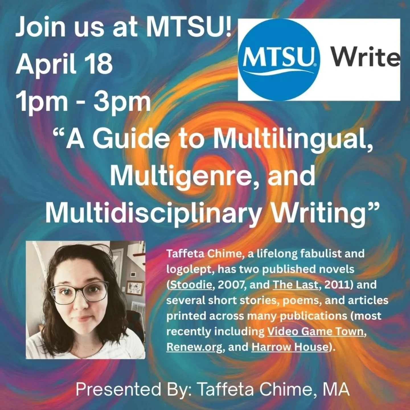 This Saturday!! Did you know I'll be leading a talk for @mtsuwrite ?! I know!! Me!! If you've ever wondered how to juggle as a writer, if you should niche down, or just how to play with all the stuff coagulating in your brain, come on and join in! It