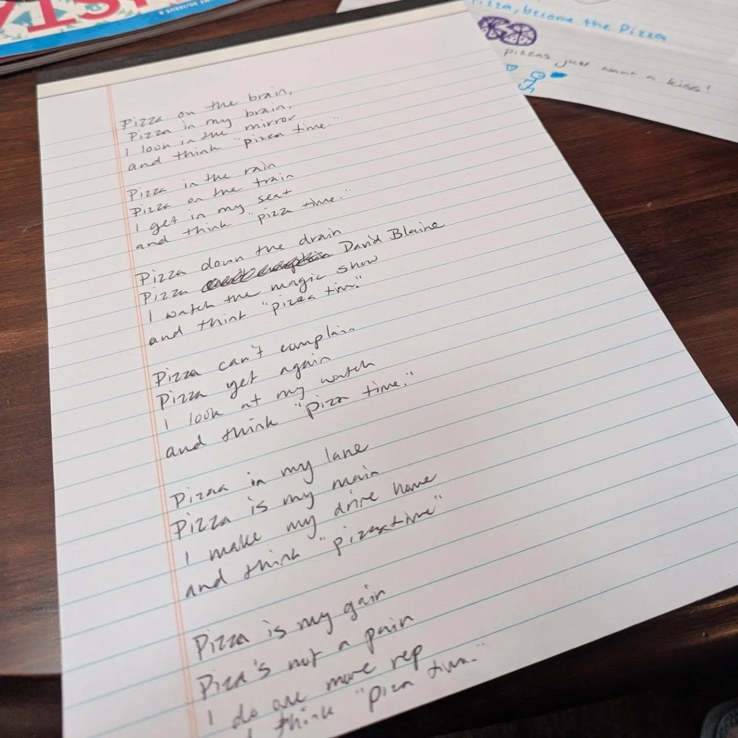 Is this the best thing I've ever written??? 🤔😝

Based on some lines from a game of Foldy Foldy Draw Draw at July's Writers' Mingle, written in five minutes:

Pizza on the brain
Pizza in the brain
I look in the mirror
and think "pizza time.&quo