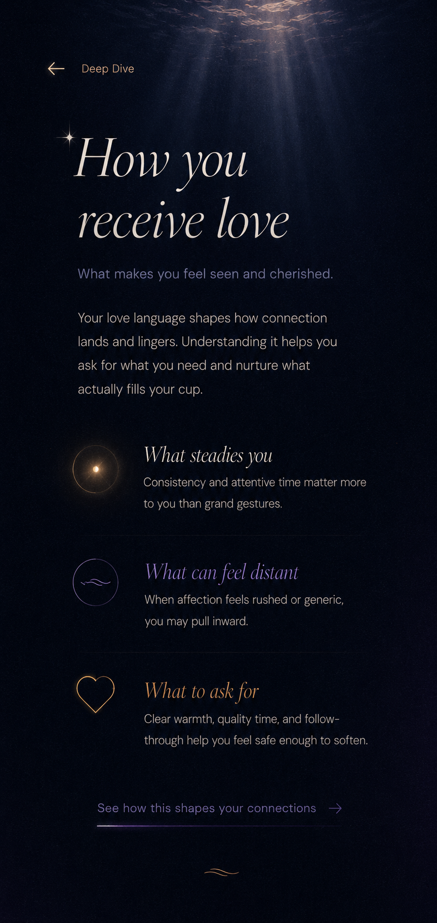 The Current, an app in development showing a love-language deep dive screen