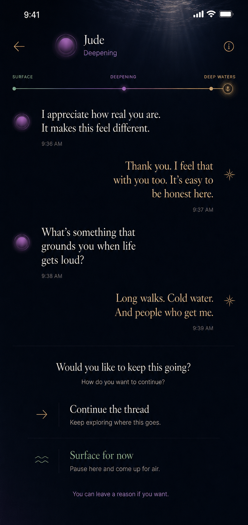 The Current, an app in development showing an emotional conversation thread