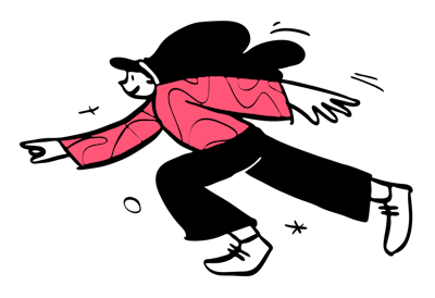 A cartoon illustration of a girl wearing a pink shirt and black pants seen in profile, appearing in motion running to the left of the screen.