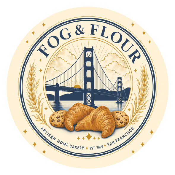 The logo for Fog & Flour bakery. It features an illustration of the Golden Gate Bridge in San Francisco with clouds and a sunrise behind it. In front, there are two croissants and two chocolate chip cookies. The text reads 'Fog & Flour,' 'Artisan Home Bakery,' 'Est. 2026,' and 'San Francisco.'