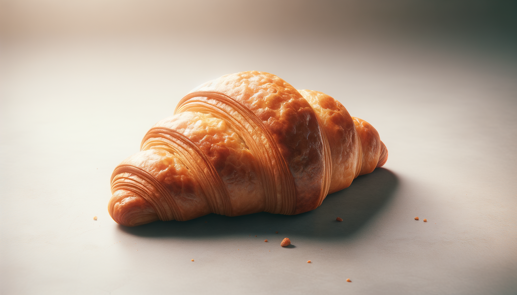 A close-up of a golden-brown croissant on a plain surface with a few crumbs around it.