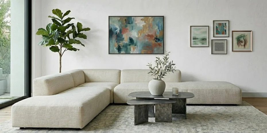 Modern living room with beige sectional sofa, abstract wall art, potted plant, and a coffee table with a vase and a candle.
