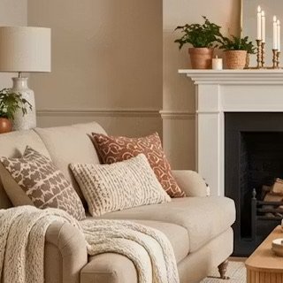 Living room with beige sofa, patterned throw pillows, white blanket, and a fireplace mantel with plants and candles.