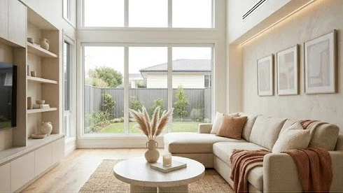 living area with sofa and decoratives