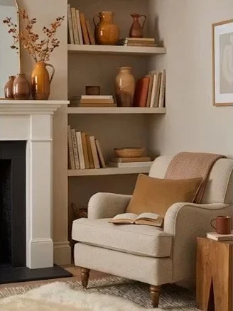 house staging with sofa and book shelf