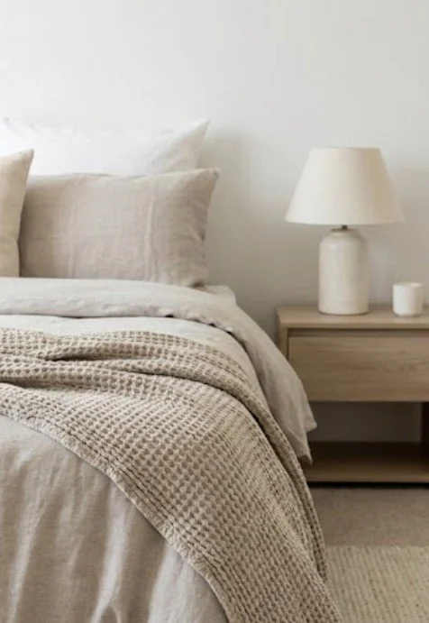 comfortable bed with throws and bedside table